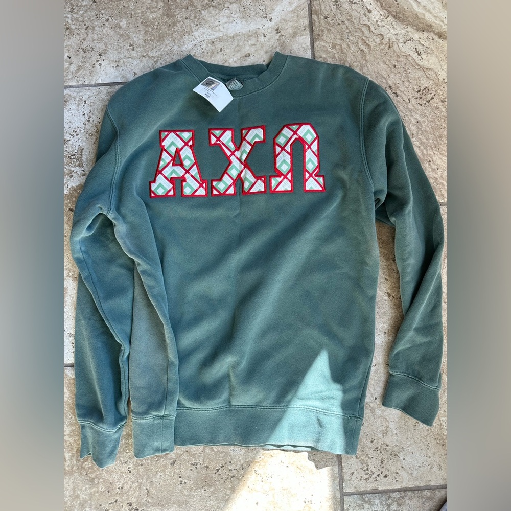 AXO sorority sweater Comfort Color Crewneck - Olive Green with Red Accents